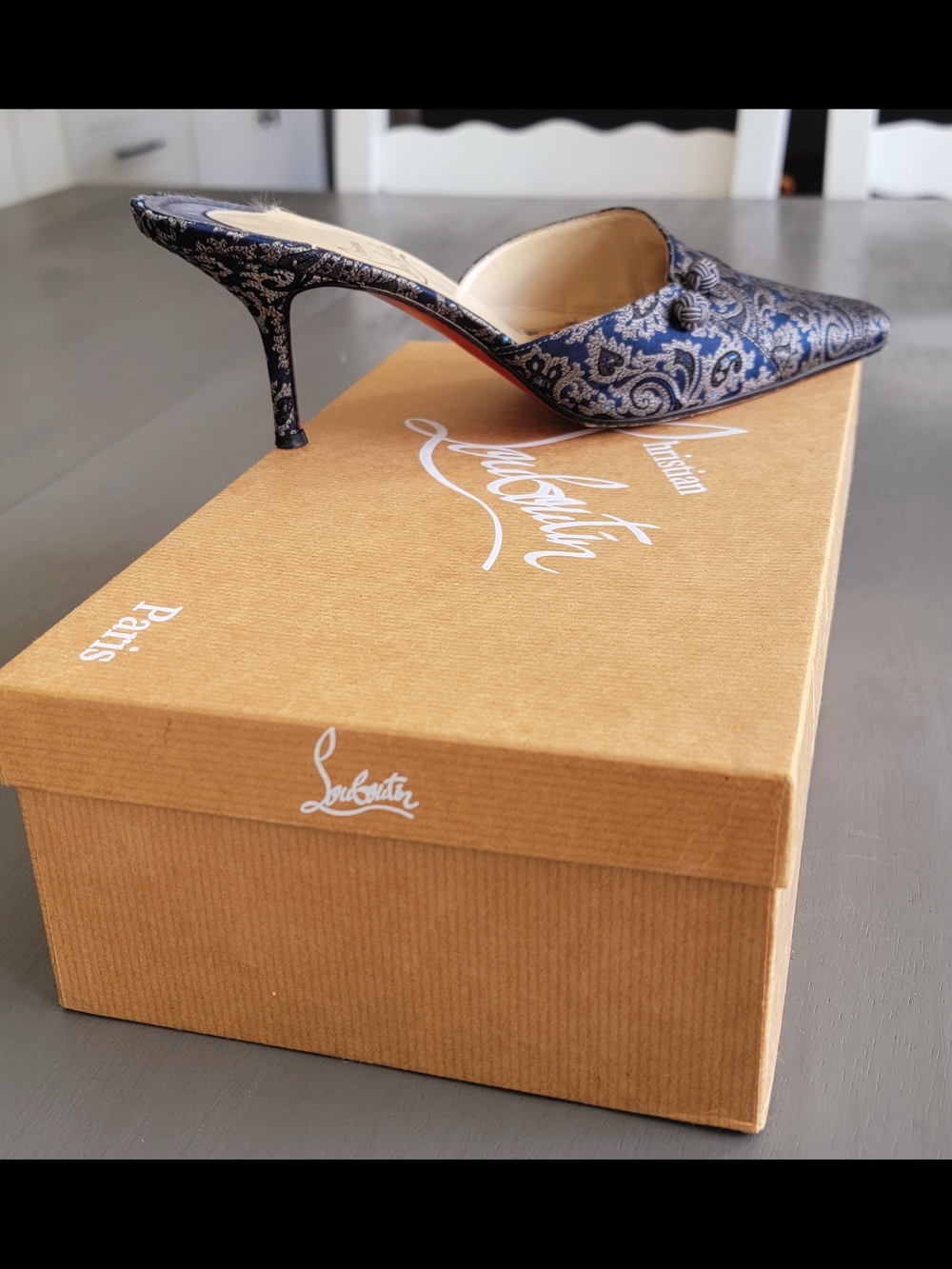 Christian Louboutin Vintage Blue Brocade Paisley Mule Heels Sz 37.5